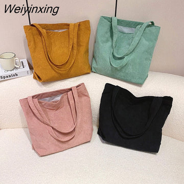 Weiyinxing Capacity Corduroy Shopping Bag Simple Art Canvas Shoulder Bag Multifunctional Leisure Retro Solid Color Women's Handbag